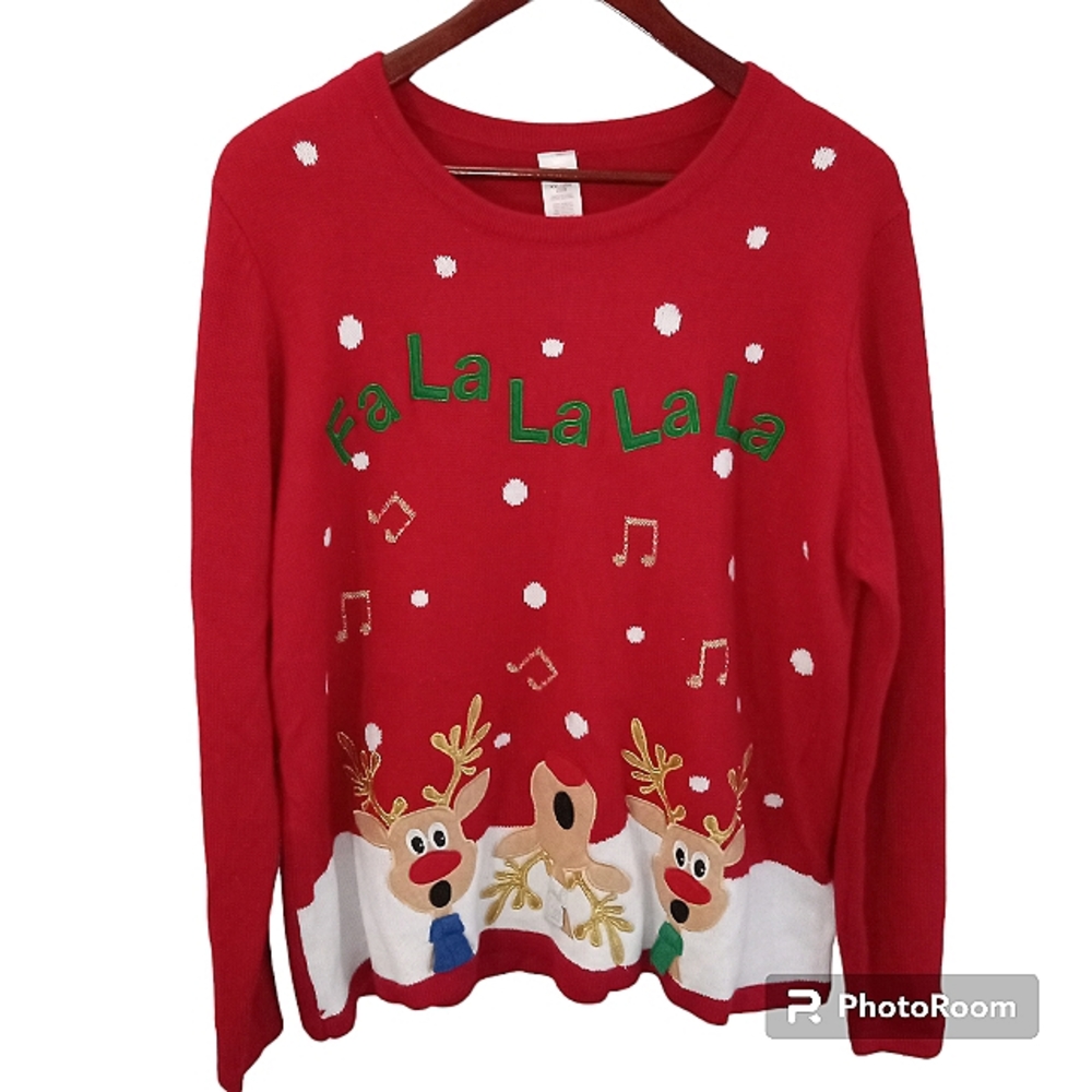 Holiday Time Woman's Singing Reindeers Red Ugly Christmas Sweater Size X…